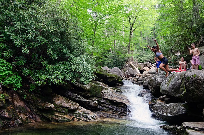 Skinny Dip Falls is a set of waterfalls near Asheville, with a swimming hole too!