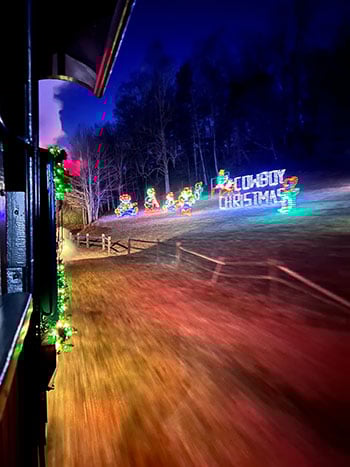 Tweetsie Christmas lights from train