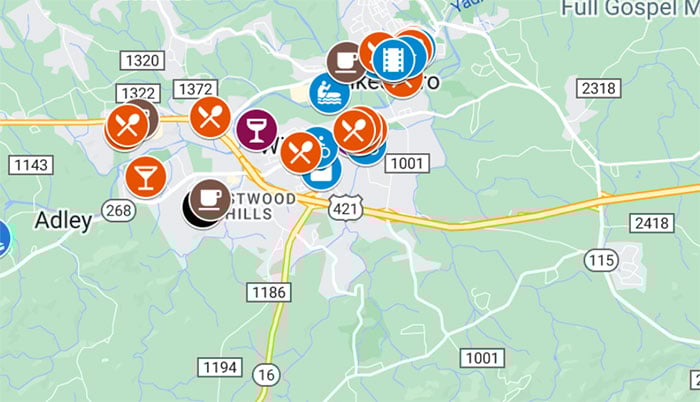 Map of Restaurants in Wilkesboro and North Wilkesboro NC