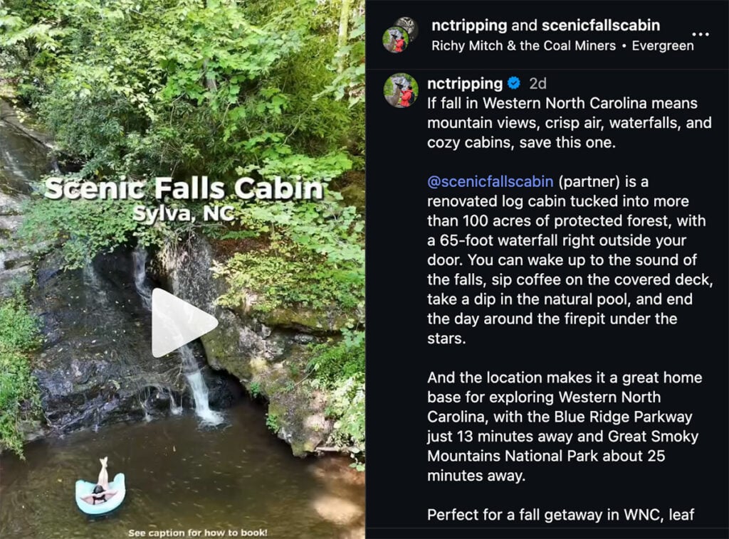 Scenic Falls Cabin Instagram Post by NC Tripping
