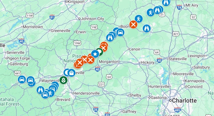Map of Blue Ridge Parkway Stops Created with Google Maps by NC Tripping
