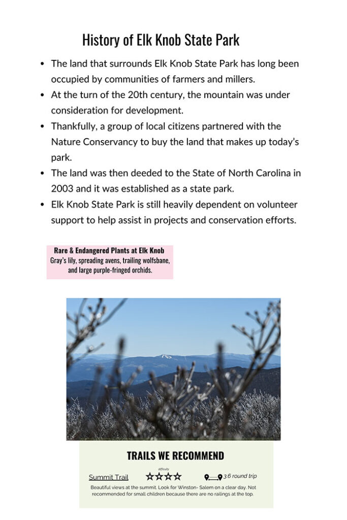 Sample Page NC State Parks Book Elk Knob State Park History