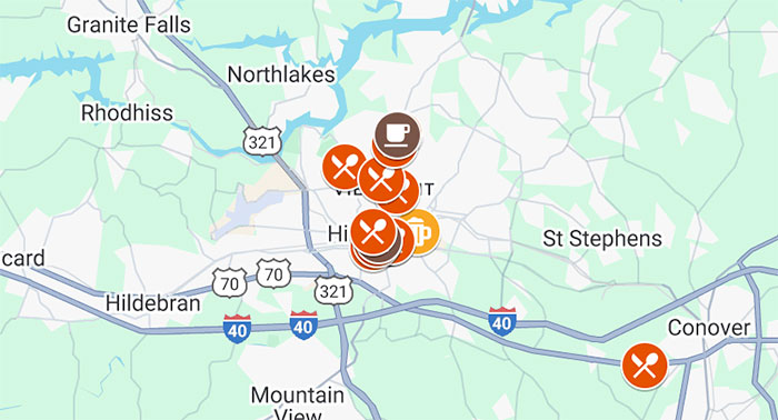 Map of Restaurants in Hickory NC