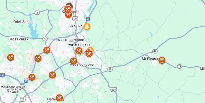 Map of Restaurants in Concord NC