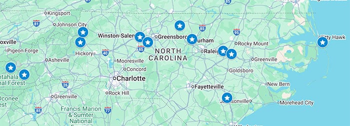 Map of NC Oddities and Unusual Attractions in North Carolina Created via Google Maps by NC Tripping