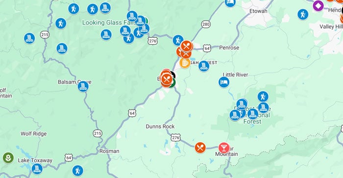 This image is a screenshot of a map of restaurants in Brevard NC created with Google Maps.