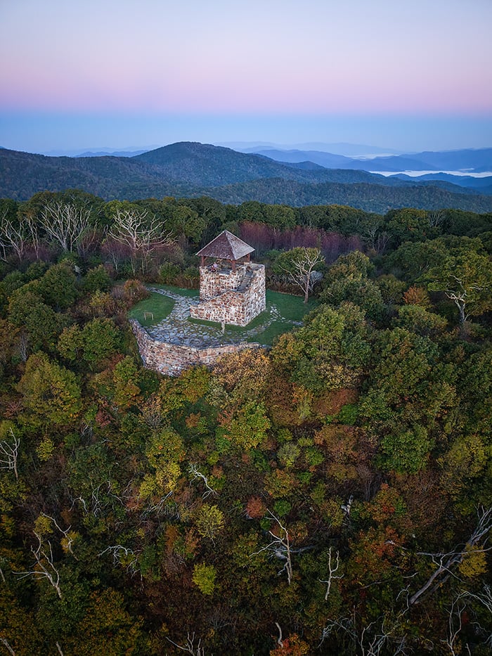Wayah Bald sunrise drone Franklin NC Image by NC Tripping